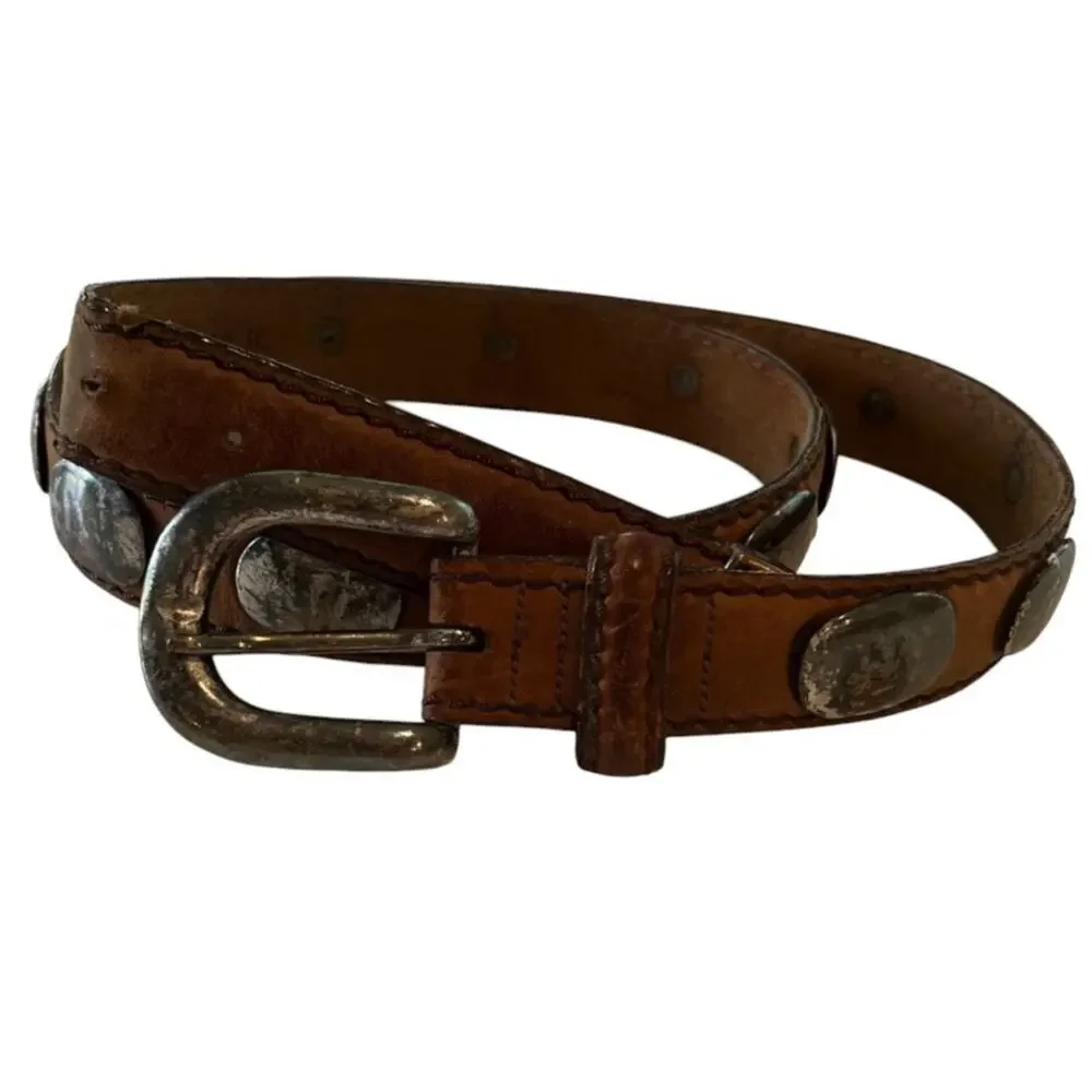 Vintage Leather Concho Belt Brown Silver Oval Discs Size 36 Western